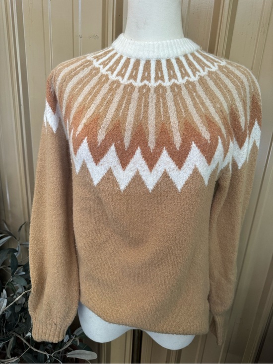French Connection Sweaters - French Connection Tan, White & Brown Nordic Yoke Crewneck Sweater XS
